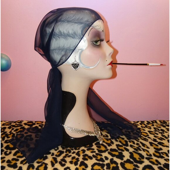 Vintage Dark Navy Blue Sheer Nylon Neck Scarf pinup retro rockabilly head wrap - Picture 8 of 15